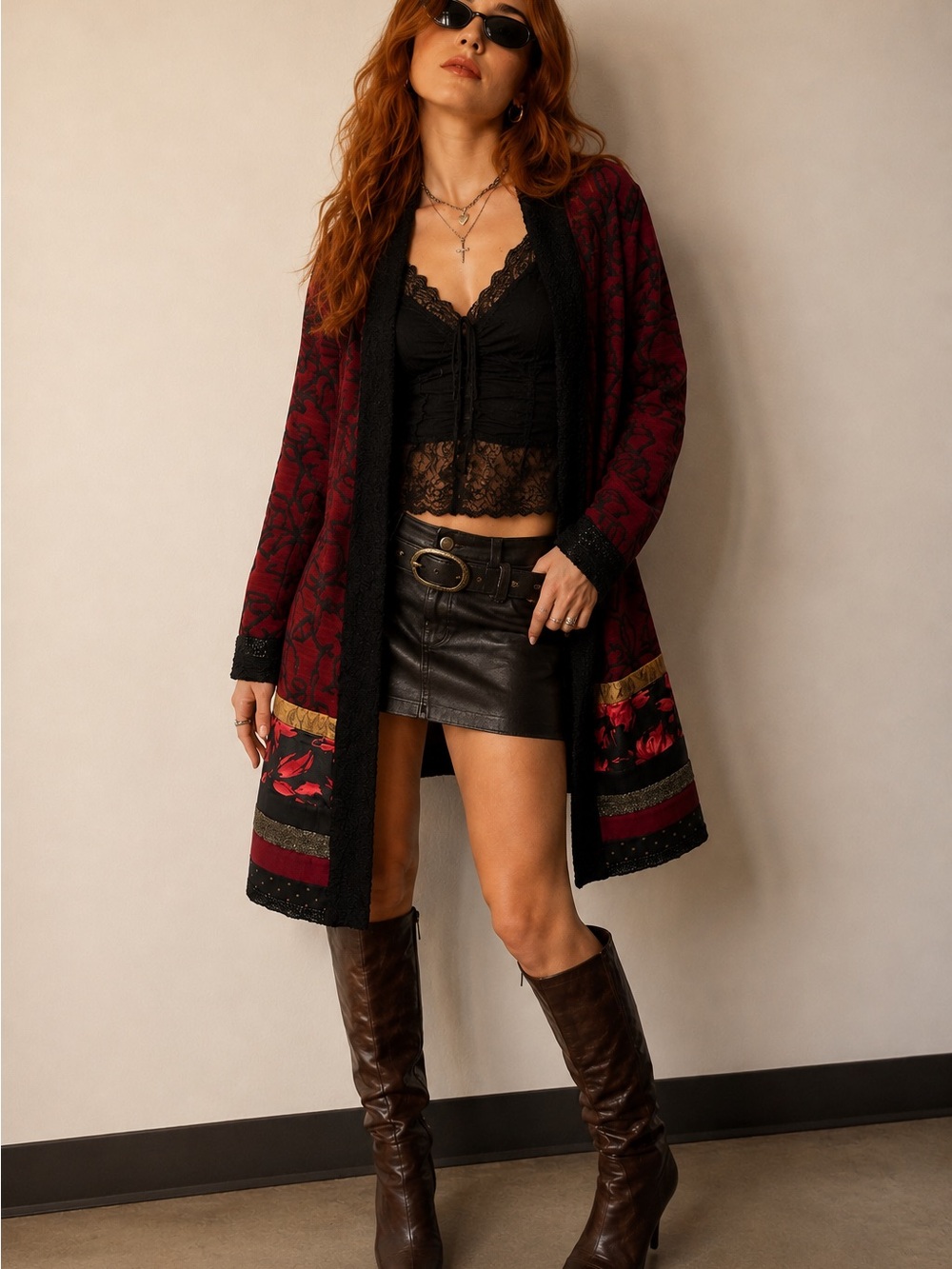 Chico’s Size 0 S/M Red Black Mixed Print Long Cardigan Jacket Whimsigoth